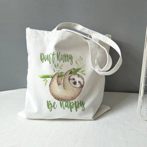 Fashion Literary Retro Tote Bag Don't Hurry Be Happy Sloth Print Canvas Bags Simple Shopping Bag Handbag Ladies Classic Tote