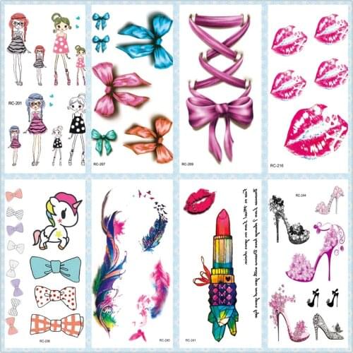 Rocooart Girls Tattoo Stickers Lipstick Fake Tattoo Cute Bowknot Taty Body Art Waterproof Temporary Tattoo Sticker Red Kiss Lady