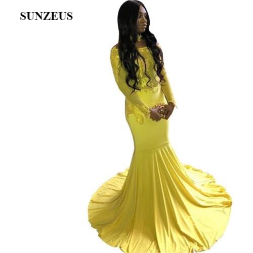 Galajurken Lang Dames Mermaid Yellow Prom Dresses With Long Sleeves Appliques Illusion Bodice Off Shoulder Party Gowns Boat Neck