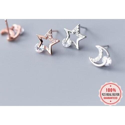 100% 925 Sterling Silver Dazzling Asymmetric Moon Star CZ Stud Earrings For Daughter Girls Xmas Wedding Gift DT65