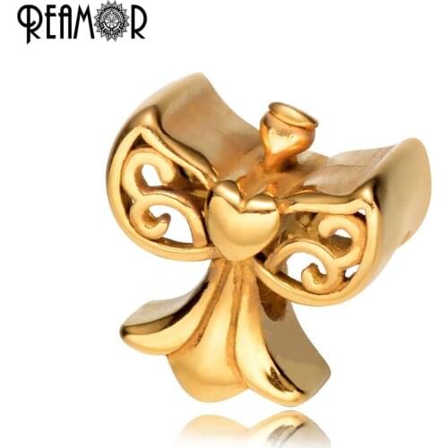 REAMOR Top Quality 316l Stainless Steel Hollow Bowknot European Big Hole Beads Charm Bracelet Jewelry Making Accessories