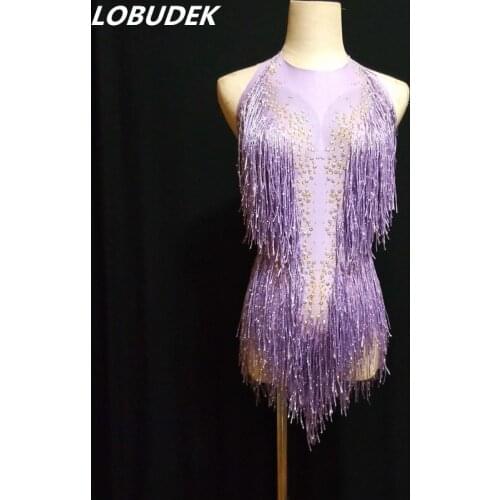 Purple Red Tassels Bodysuit Sparkly stones Sexy Backless Bodysuits Bar Women Singer DJ Costume Models Catwalk Stage Outfit