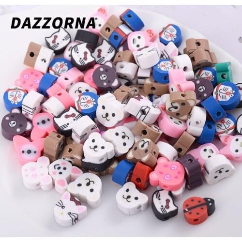 50/100Pcs/Lot Cute Animal Polymer Clay Beads with Holes Flat Round Loose Spacer Beads for Diy Jewelry Making Accessories