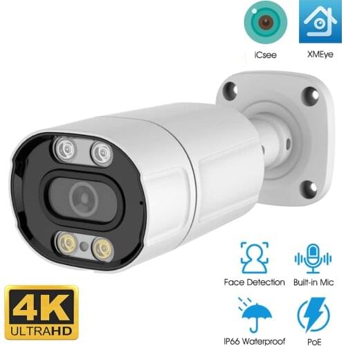 4K PoE IP Camera XMEYE ICSEE 8MP 5MP Outdoor Face Detection Dual Light H.265X Built-in Microphone IP66 Waterproof Metal Bullet