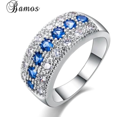 Bamos Brand Female Luxury Full Zircon Ring 100% Real Silver Color Jewelry For Women Wedding Engagement Rings