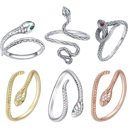BISAER Snake Ring 100% 925 Sterling Silver Clear Zircon Adjustable Animal Finger Ring For Women Girl Statement Jewelry EFR199