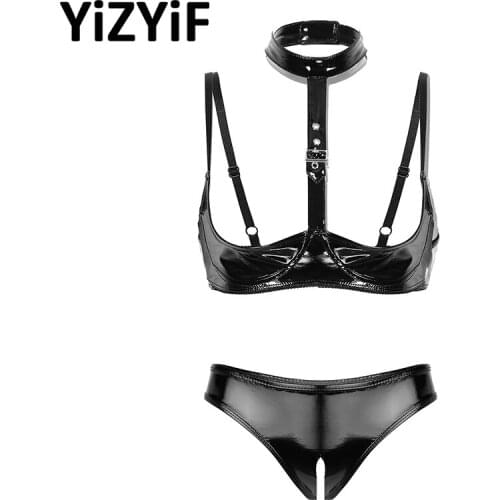Women Wet Look Patent Leather Erotic Lingerie Set Sexy Open Cups Bra Top With Open Crotch Briefs Underwear Set Sexy Nightwear