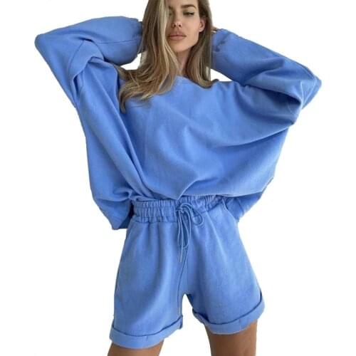 Summer Autumn Lacing Short Suit Solid Color Women Clothes Loose Long Sleeve Shirt Sportswear Tops O Neck Cotton