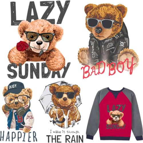 Cute Bear Stripes Iron On Patches Appliques Thermo Stickers On Clothes Heat-sensitive Transfer For Hoodie T-shirt Accessories