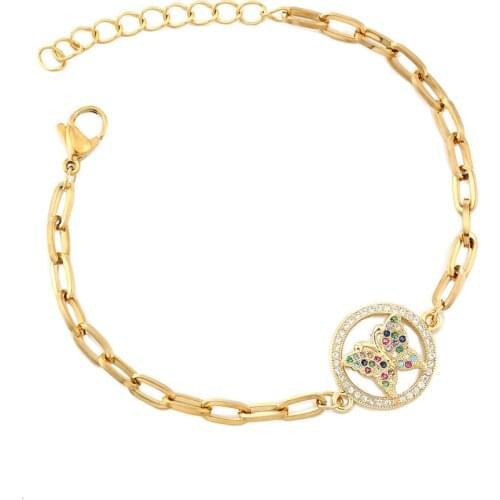 Fashion Hip Hop Chain Adjustable Zirconia Colorful Butterfly Bracelet Women Charm Stainless Steel Bangle Party All-match Gift