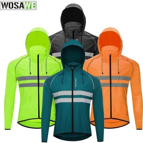 WOSAWE Mens Cycling Jacket Hooded Reflective Vest Fluorescent Wind Coat Windproof MTB Bike Windbreaker Riding Bicycle Clothing