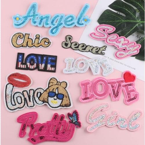 Girls Letter Patch Iron on Sew on Sequins Badge Clothes Apparel Garment Diy Article Stripe Decor