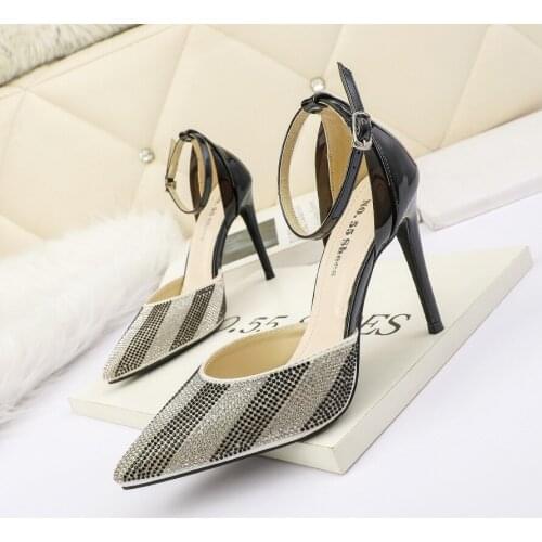 2021 NEW Black High Heels Womens 2021 New Thin Heel Hollow Pointed Single Shoes Sexy Baotou Button Water Drill Sandals