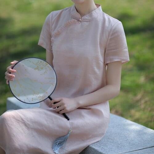 2021 Summer New Chinese Style Daily Cheongsam Loose Thin Powder Hanfu Disc Button Linen Mid-Length Elegant Dress