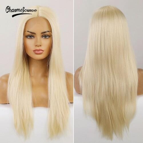 CharmSource Front Lace Wigs Long Curly Hair White Blonde Synthetic Wig Daily Cosplay for Black White Women High Density Wigs