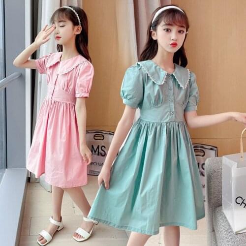 Short Sleeve Dress Girls Bow Patchwork Sailor Dress Kids Loose Preppy Style Student Chic Wild Dress Puff Sleeve