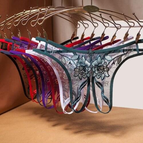 Sexy Lingerie Women Open Crotch Panties Thongs Embroidery Transparent Lace G-String T-Back Briefs Underwear Ladies Panties