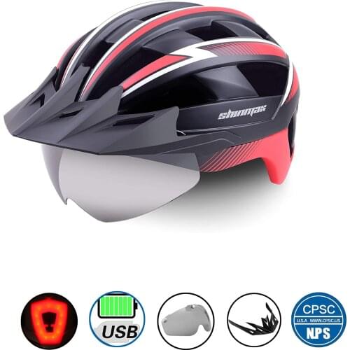 SHINMAX MTB LED Bicycle Helmet USB Rechargeable Taillight Cycling Helmet for Men Mountain Road Sun Visor Goggles Bike Helmets