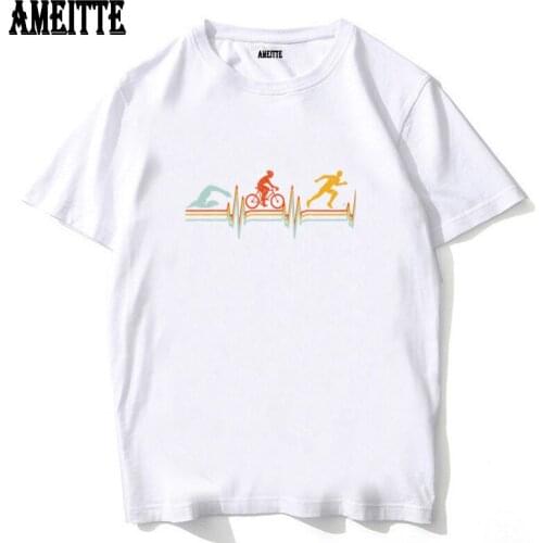 Vintage Swim Bike Run Triathlete Heartbe Lovers T-Shirt New Summer Mens Short Sleeve Casual Tops Sport Hipster White Tees