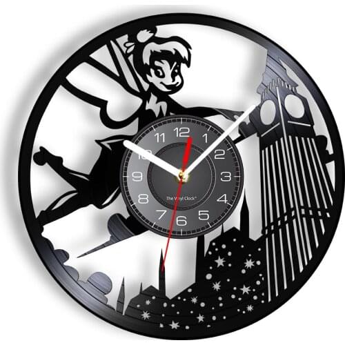 Tinkerbell Flying with Big Ben Retro Album Vinyl Album Re-purposed Record Clock Follow Me to Neverland Silent Clock For Kid Room