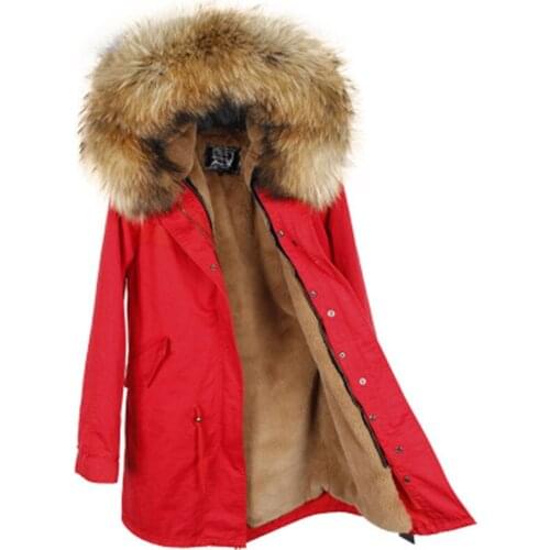 Winter jacket brand style womens red blue long detachable lining Large color raccoon fur hooded coat parkas outwear