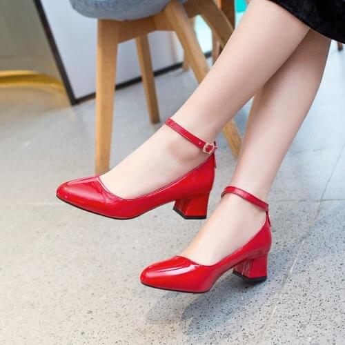 YMECHIC Summer 2019 Patent Pu Block High Heels Ankle Buckle Mary Jane Office Dress Shoes Red Black Pink Womens Pumps Big Size
