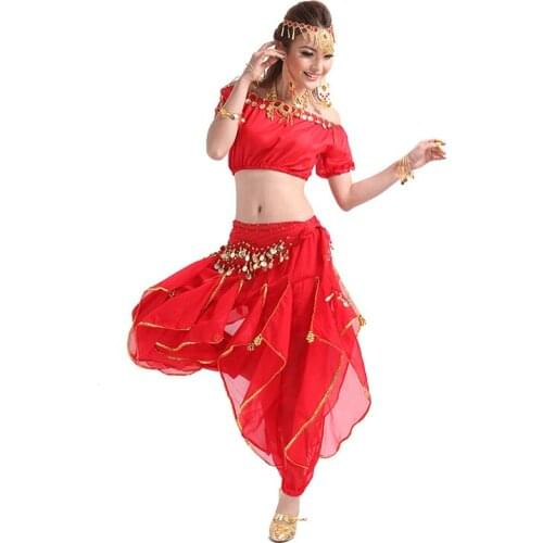 2019 New Arrival Women Belly Dancing Skirt Sets Sexy Coat&Pants Sequins Belt Shinny Coin Chiffon Skirt Lantern Pants 6 Colors