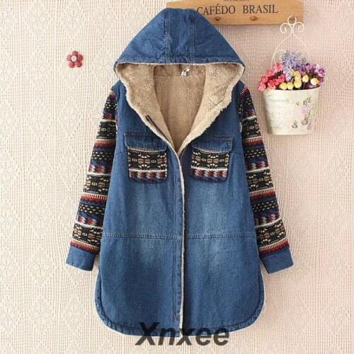 Women Denim Winter Coat 2019 Casual Loose Print Patchwork Plus Velvet Thick Outerwear Tops Warm Long Denim Jacket Female Xnxee