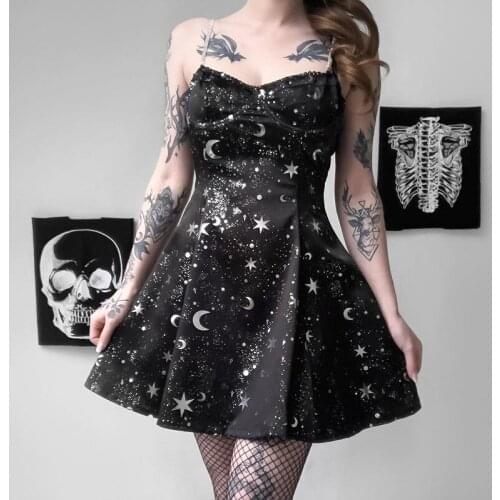 [You're My Secret] New Women Dress Space Star Moon Printed Black Clothes Gothic Vintage Chain Shoulder Strap Dresses Partywear