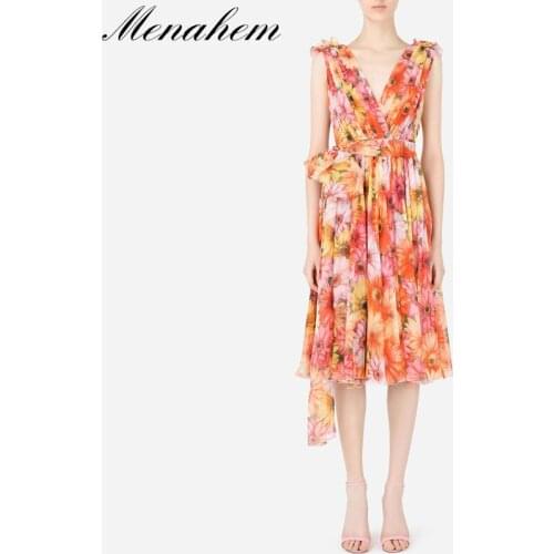 Menahem Runway Summer Sunflower Print Party Tank Dress Women Elegant Sexy V-Neck Sleeveless Midi Long Chiffon Floral Vestidos
