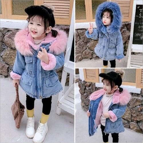 Winter Children Outwear Plus Velvet Thicken Waist Denim Coat For Girls Clothes Hooded Fur Collar Warm Denim Jacket For Girl 2-7Y
