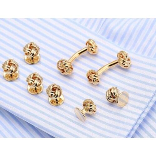 5sets/lot Classic Gold Hollow Knot Twist Flower Cufflinks Collar Studs 8pcs Set Tuxedo Cuff Links Stud Set Mens Jewelry Gift