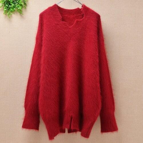Elegant fashion women irregular neck slit tail loose long sleeves angora rabbit fur pullover knitwear blouses sweater winter