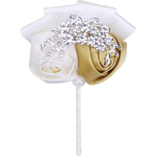Korean Hot-Selling Groom Suit Lapel Pin Ribbon Rose Rhinestone Handmade Mens Corsage Wedding Party Supplies XH0688