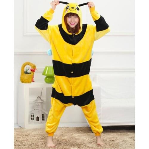 Cute Bee animal Pajamas Winter warm Sleepwear robe cartoon cosplay pijamas unisex adults flannel Onesies adorable women set