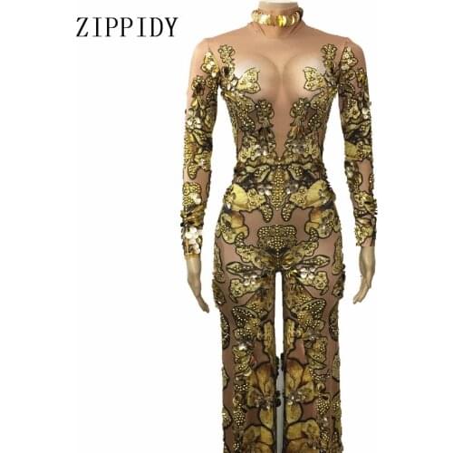 Fashion Gold Rhinestones Sequins Rompers Female Singer Dancer Long Pants Costume One-piece Bodysuit Birthday Oufit Jumpsuit
