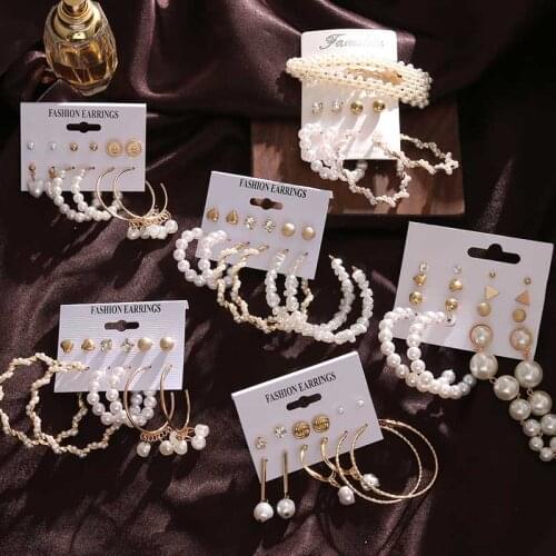 Vienkim Fashion Circle Round Pearl Hoop Earrings Set For Women Vintage Bohemian Crystal Twisted Brincos Earring Jewelry 2020 New