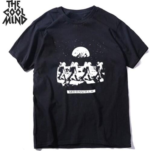 COOLMIND 100% cotton walking on the moon print men T shirt casual loost men tshirt short sleeve t-shirt men tee shirts mo0134