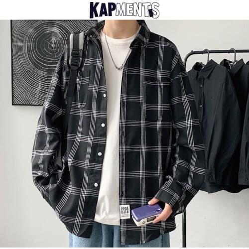KAPMENTS Men Korean Fashions Vintage Plaid Shirts 2021 Spring Mens Overiszed Casual Long Sleeve Shirt Cotton Streetwear Blouse