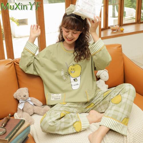 2021 New O-Neck Cotton Long-sleeved Trousers Pajamas Two-piece Spring Autumn Cute Cartoon Plus Size Pijamas Sleepwear Homewear