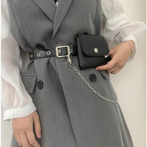 New Chain Small Bag Belts For Women Jean Punk Silver Pin Buckle Strap Belt Shoulder Bag Phone Pouch Waist Bags Hollow Rivet Girl