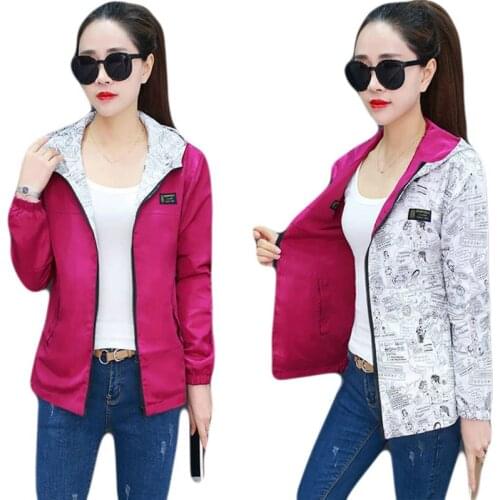 Spring Autumn Women Casual Basic Jacket Pocket Zipper Hooded Two Side Wear Print Outwear Loose Coats big size Women Clothes Y295