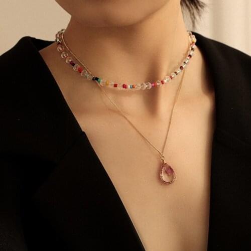 Personality Clear Rainbow Beaded Chains Necklaces for Women Transparent Waterdrop Resin Dye Flowers Pendant Choker Necklace