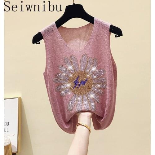 Korean Fashion Diamond Sleeveless Knitted Cotton Thin T-shirt Women Sexy V-Neck Floral Top Summer Sweet Grils Knit Top Tee