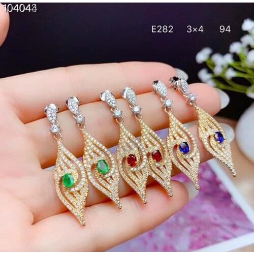 S925 Silver Natural Heated Ruby Emerald Sapphire Drop Earrings for Women Fine Jewelry Real Multicolored Gemstones Eardrops L14
