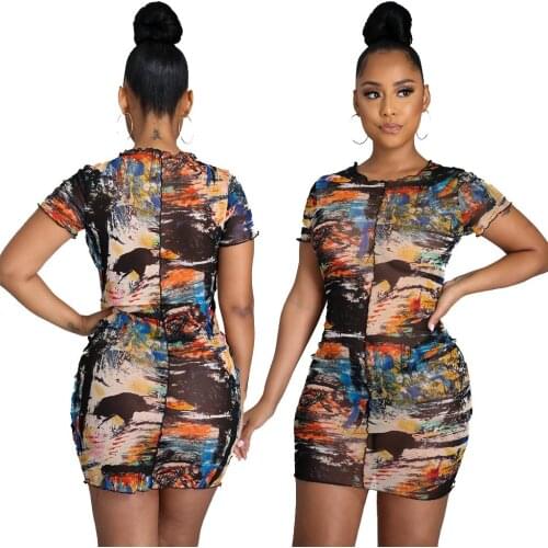 Sexy Fashion Printing Bodycon Dress Round Neck Short Sleeve High Waist Skinny Women Outfits Streetwear Fashion Line Beauty Dress