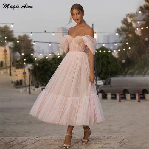 Magic Awn Light Pink Tea-Length Prom Dresses Off The Shoulder Tulle Short Evening Party Gowns A-Line Puffy Robe De Soirée 2021