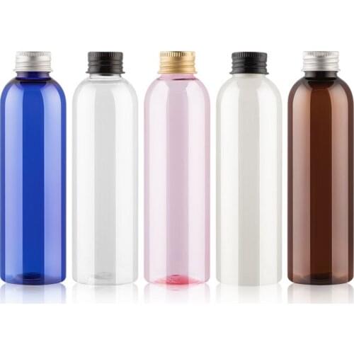 30pcs 200ml blue transparent brown translucent pink empty aluminum cap bottles, pure dew bottles, lotion cosmetic bottles