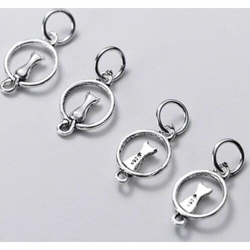 925 Sterling Silver Cute Kitty Circle Round Charms DIY Fine European Jewelry Findings S925 Silver Ornament Earring Pendants 14mm