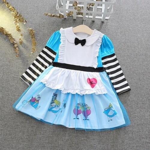 Alice Dress Girl Cartoon Pattern Halloween Costume Kids Long Sleeve Clothes Girls New Year Dress Children Christmas Clothing